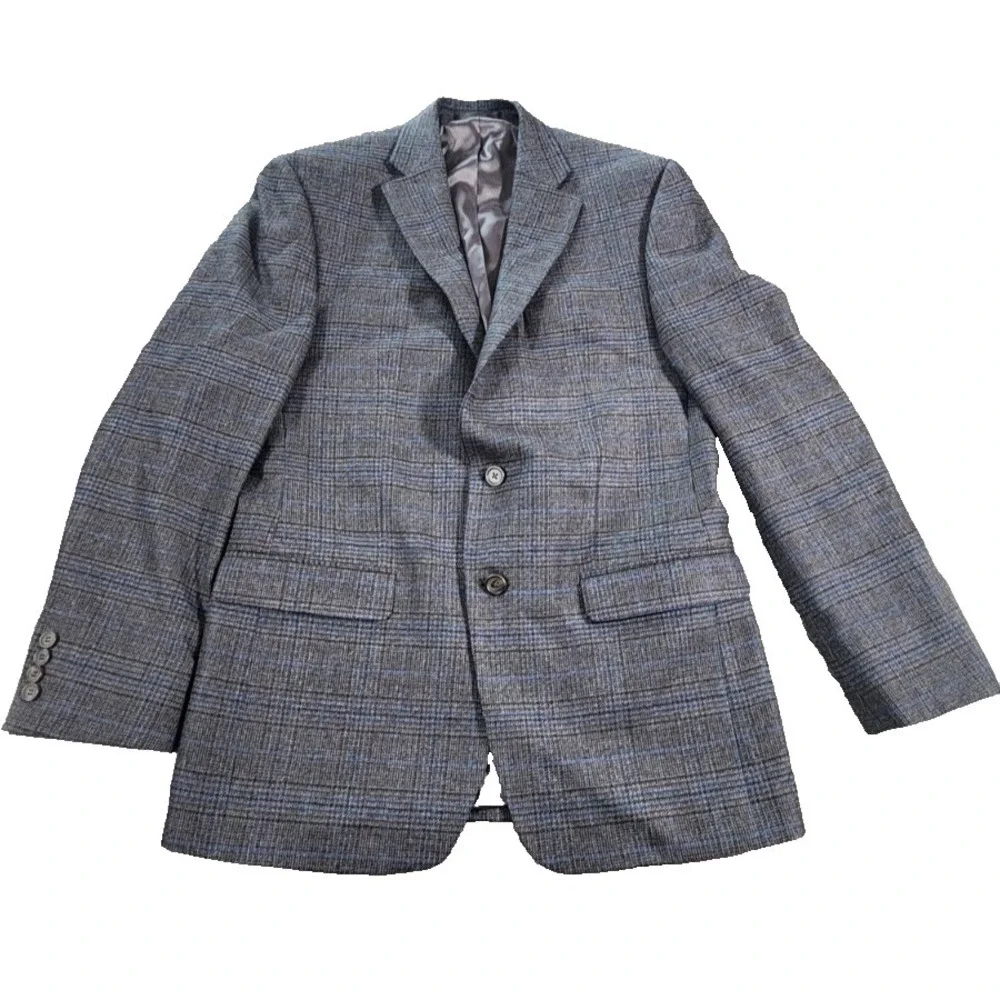 Lauren Ralph Lauren Mens 39R Wool Blazer Grey Blue‎ Plaid 2 Button Sport Coat